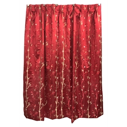 Set of four silk curtains in Porter & Stone 'Nakita Red' fabric, red ground with raised leaf and branch needle work decoration, lined with thermal inner lining, triple pinch pleated headings, drop - 263cm, widths (top measurements) 390cm, 192cm, 124cm and 124cm