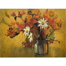 Margaret Parker (Northern British 1925-2012): Still Life of Flowers in a Vase, oil on board signed versp 44cm x 59cm