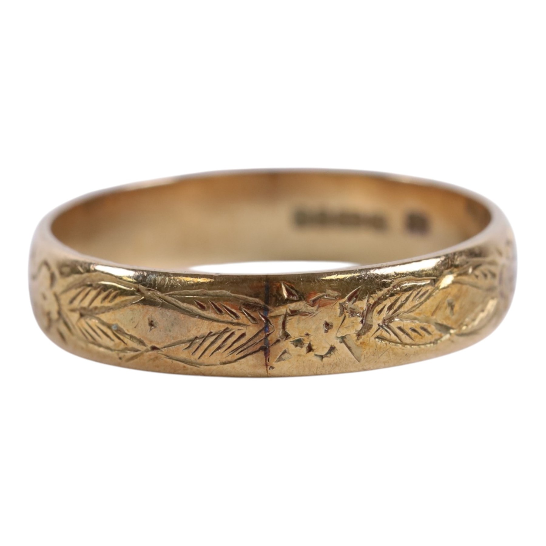 9ct gold engraved wedding band, hallmarked 
