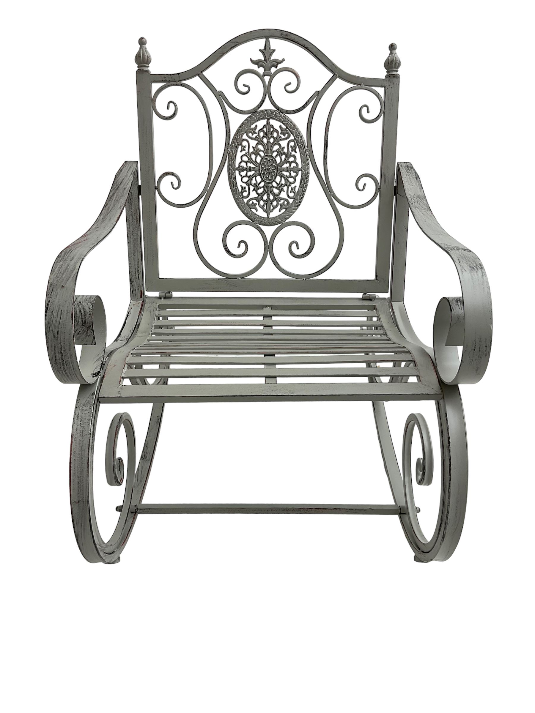 Regency design wrought metal rocking garden bench armchair, pierced back with scroll design and central foliate medallion over strap seat, with C-scroll arms and supports, in antique grey finish