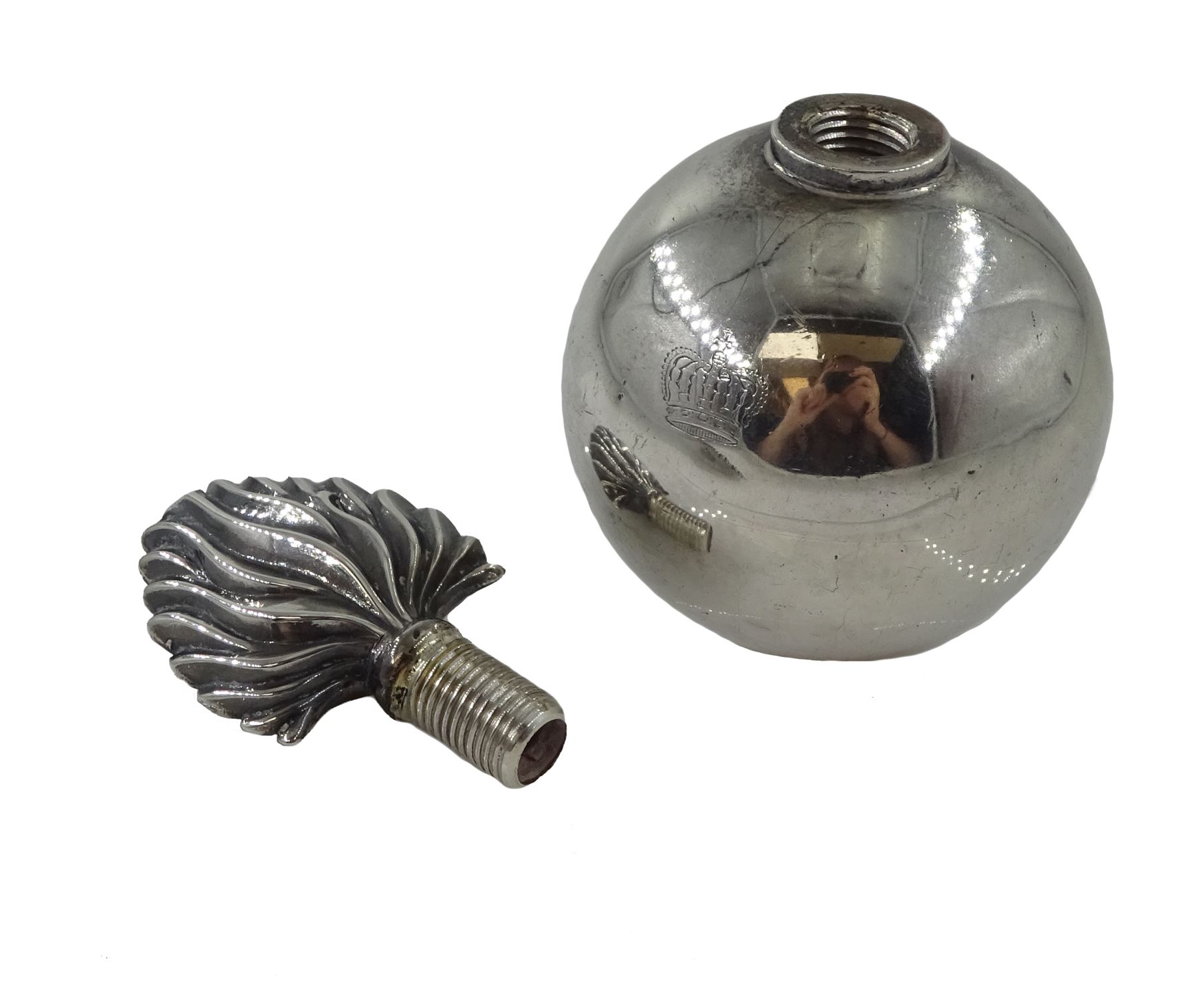 Silver table lighter in the form of a grenade, with detachable flame wick finial by William Hutton & Sons, Birmingham 1938