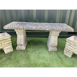 Cast stone garden bench, and two rectangular planters on plinths - THIS LOT IS TO BE COLLECTED BY APPOINTMENT FROM DUGGLEBY STORAGE, GREAT HILL, EASTFIELD, SCARBOROUGH, YO11 3TX