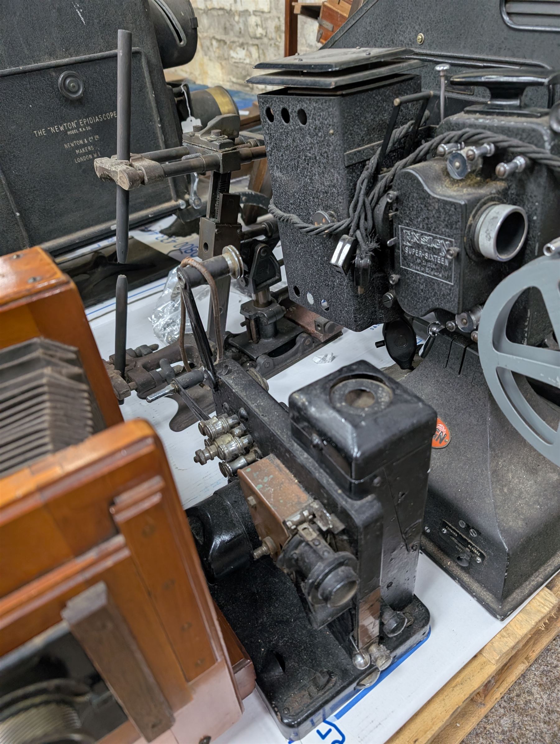 Thornton-Pickard Artist Enlarger, Thornton Pickard Imperial Enlarger, The Newton Epidiascope, Ensign Super Sixteen projector, wooden frame, etc