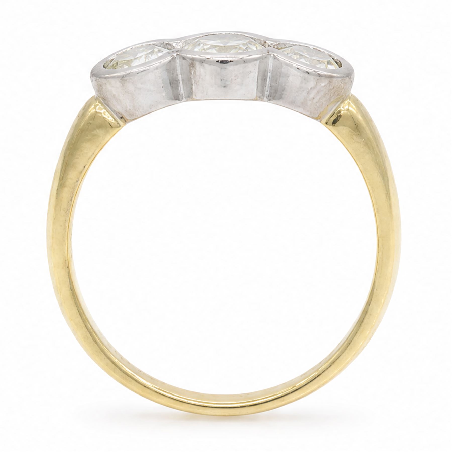18ct gold gold and platinum diamond ring, bezel set with three old cut diamonds, Birmingham assay mark, total diamond weight approx 0.75 carat