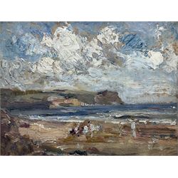 Margaret Fletcher Leadbitter (British exh.1908-1940): 'A Sunny Morning' - On the Beach near Robin Hood's Bay, oil on panel, signed titled and dated 1910 on label verso with artist's Harrogate address 18cm x 23cm