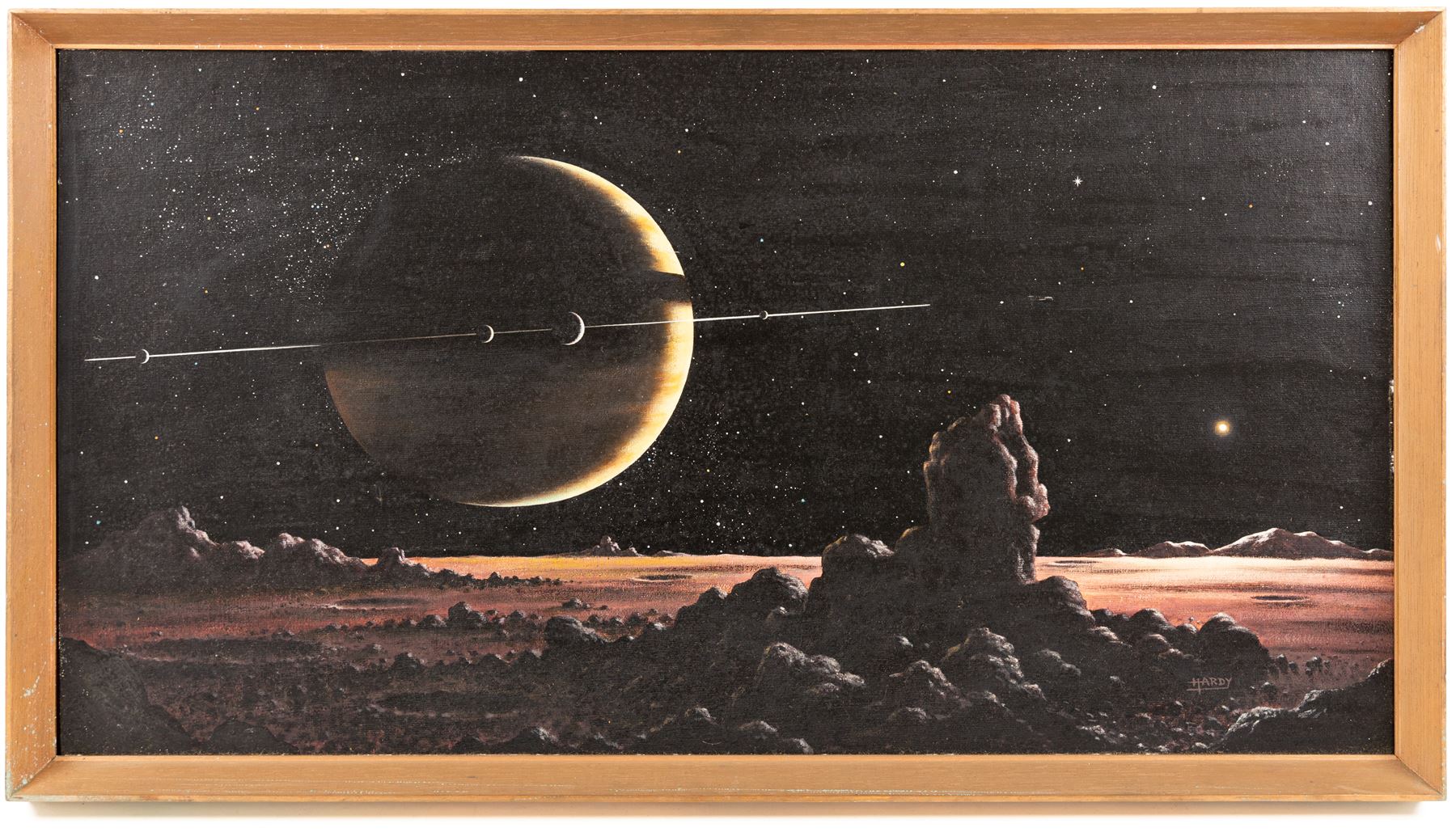 David A Hardy (British 1936-): Moons of Saturn, oil on board signed, 37cmx70cm
Notes: This item is from the private collection of Arthur C. Clarke's brother.