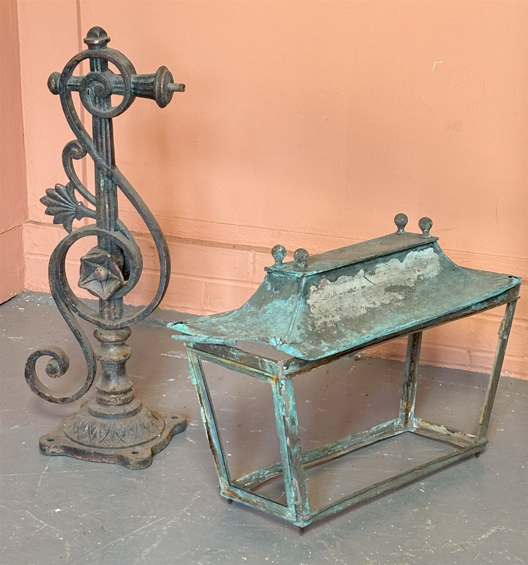 Pair of substantial cast iron gas lamp brackets of scrolling form, fitted for gas, complete with original oblong pagoda topped copper lanterns. L104cm, H80cm. - COLLECTION BY APPOINTMENT FROM: The White House, Thirsk Road, Easingwold, York, YO61 3NF - CALL 01723 507111 TO ARRANGE