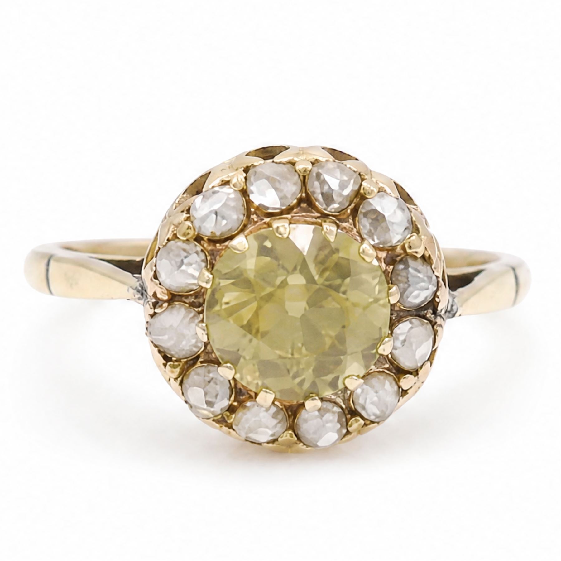 Early 20th century gold yellow / brown stone and rose cut diamond cluster ring, stamped 10ct 