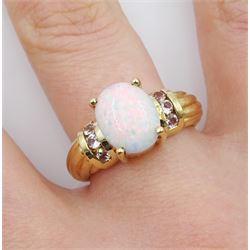 9ct gold single stone opal ring with white topaz set shoulders, hallmarked 