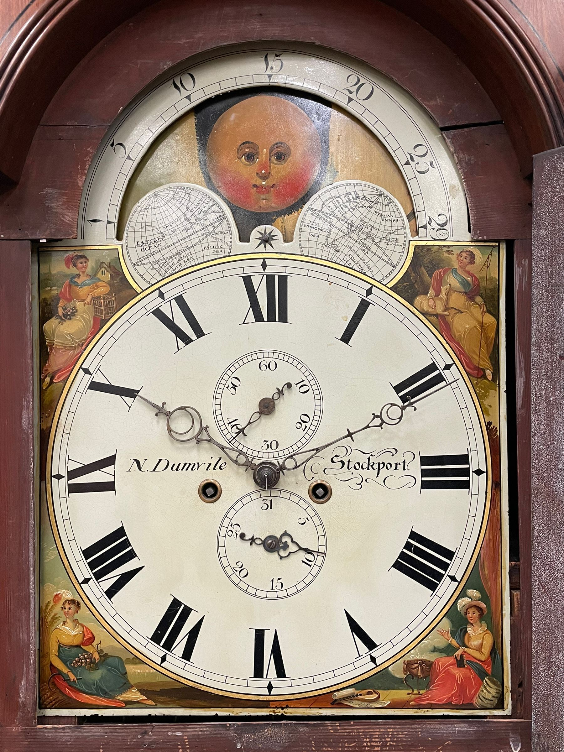 Nathaniel Dumville of Stockport - 8-day brass inlaid mahogany longcase clock c1840, swans neck pediment with ball and spire finials and wooden paterae, recessed break arch hood door flanked by rope twist pilasters, trunk with conforming pilasters and gothic ogee topped door, canted plinth raised on bracket feet, fully painted break arch dial with moon work and spandrels depicting the four seasons, centre with Roman numerals, minute track, subsidiary date and seconds dials, matching stamped brass hands, four pillar movement with an anchor escapement, rack striking on a bell. With weights and pendulum.
The Dumville family were prevalent Cheshire clockmakers working in Stockport 1820-42.
