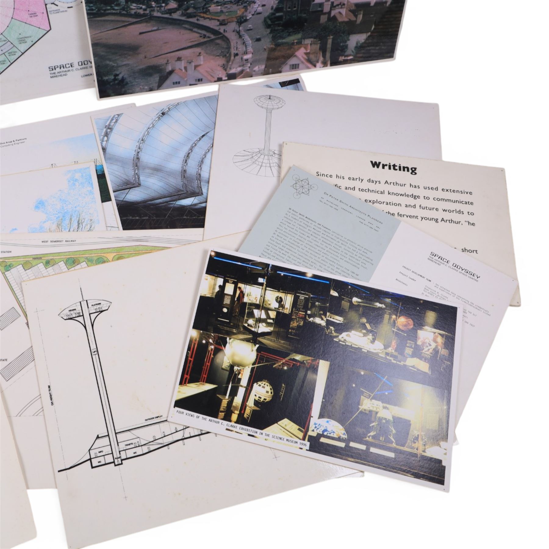 Collection of ephemera and original watercolour paintings relating to the creation of 'Space Odyssey: The Arthur C Clarke Space Centre, Minehead', including two original watercolour concept paintings of the exterior views of the centre painted by Margaret Stella Murray Whatley and architectural drawings by DR Peter Smith Architects & Planners

Notes: The centre was proposed in 2000 but was never built.This item is from the private collection of Arthur C. Clarke's brother.
