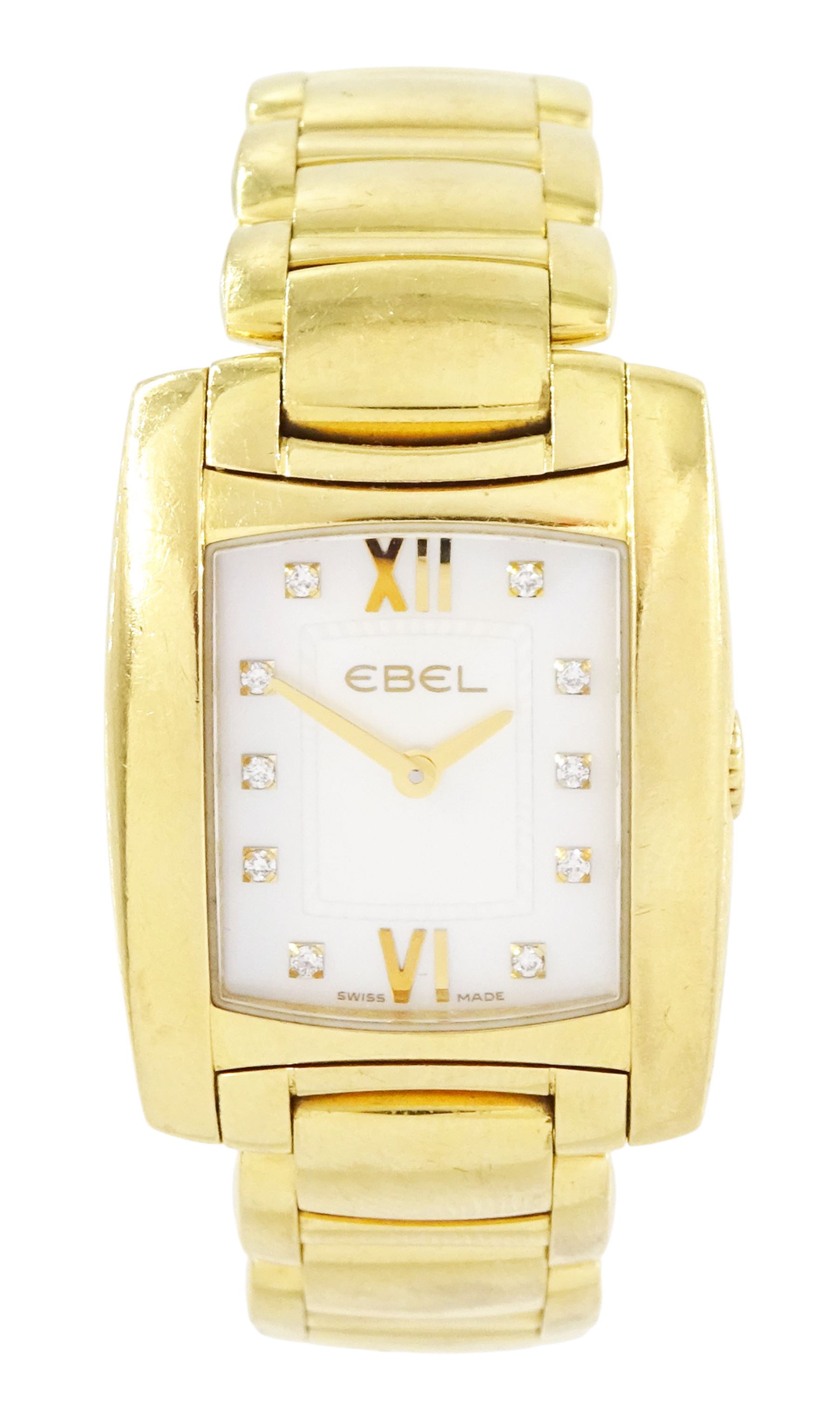 Ebel Brasilia ladies 18ct gold quartz wristwatch, Cal. 967, mother of pearl dial with diamond dot hour markers, on integral 18ct gold bracelet, with fold-over clasp, stamped 750 with Bernard dog hallmark