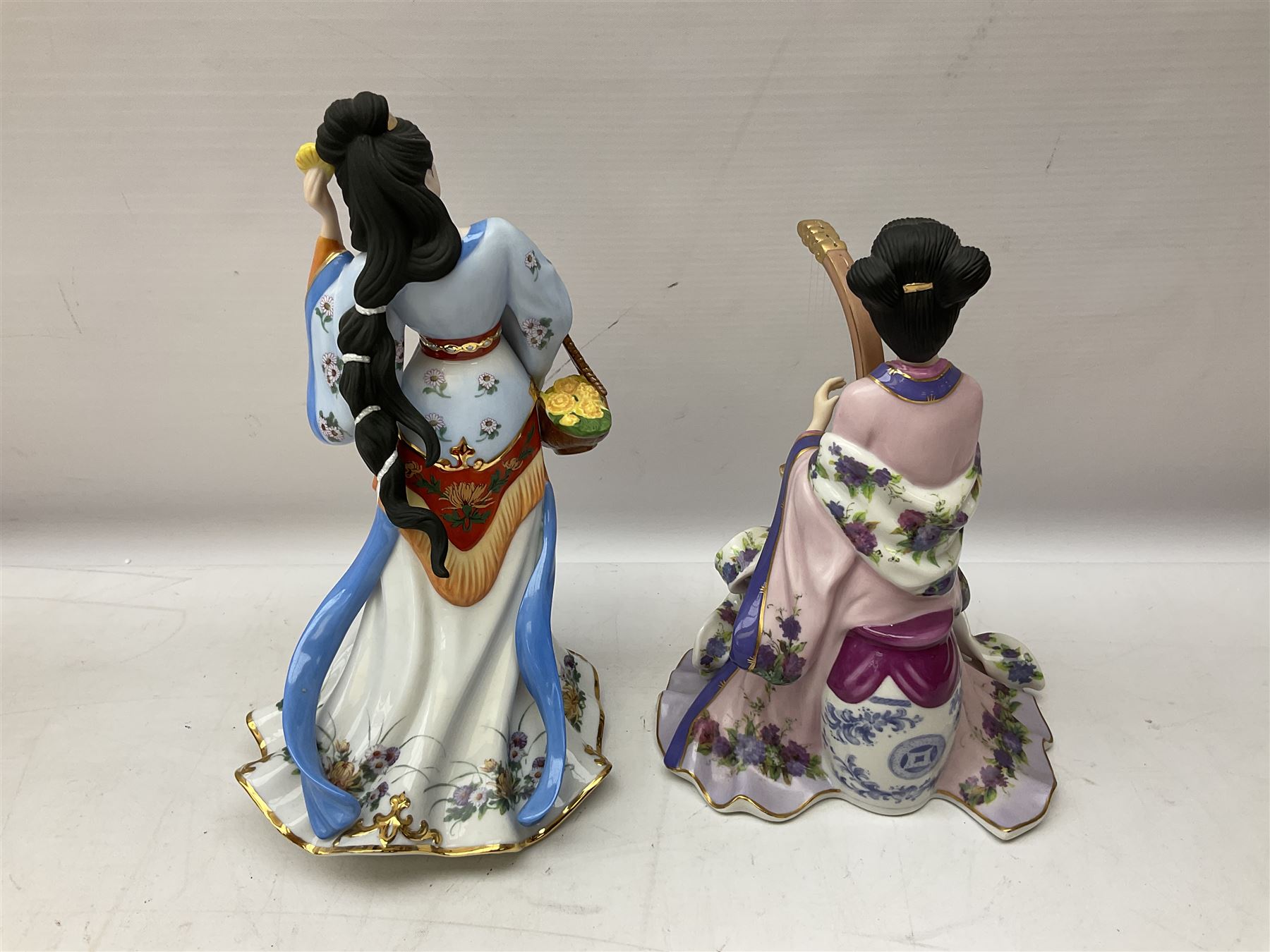 Five Danbury Mint Princess figures by Lena Liu, comprising Harp Princess, Plum Blossom Princess, Chrysanthemum Princess, Rose Princess and Iris Princess, one with certificate, all with marks beneath
