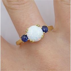 Silver-gilt opal and sapphire ring, stamped 925