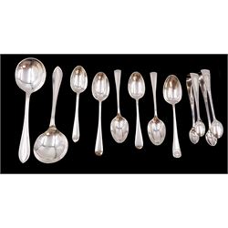 Group of silver flatware, to include set of three 1930s Old English pattern coffee spoons, hallmarked Z Barraclough & Sons, London 1938, pair of silver Celtic Point pattern spoons, hallmarked Viner's Ltd, Sheffield 1952, two pairs of silver sugar tongs, the first example with bamboo decoration, hallmarked Elkington & Co Ltd, Birmingham 1904 and the second example hallmarked Cooper Brothers & Sons Ltd, Sheffield 1915, etc 