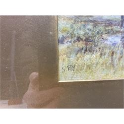 George Russell Gowans (Scottish 1843-1924): Tending to the Flock, watercolour signed with initials 21cm x 34cm