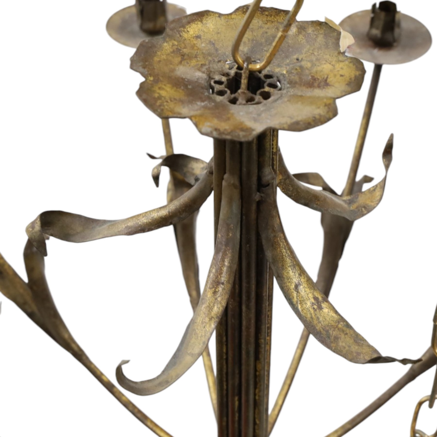 Early 20th century wrought iron and gilt metal twelve-light candle chandelier, with scrolling branches, stylised leaf decoration and chain suspension