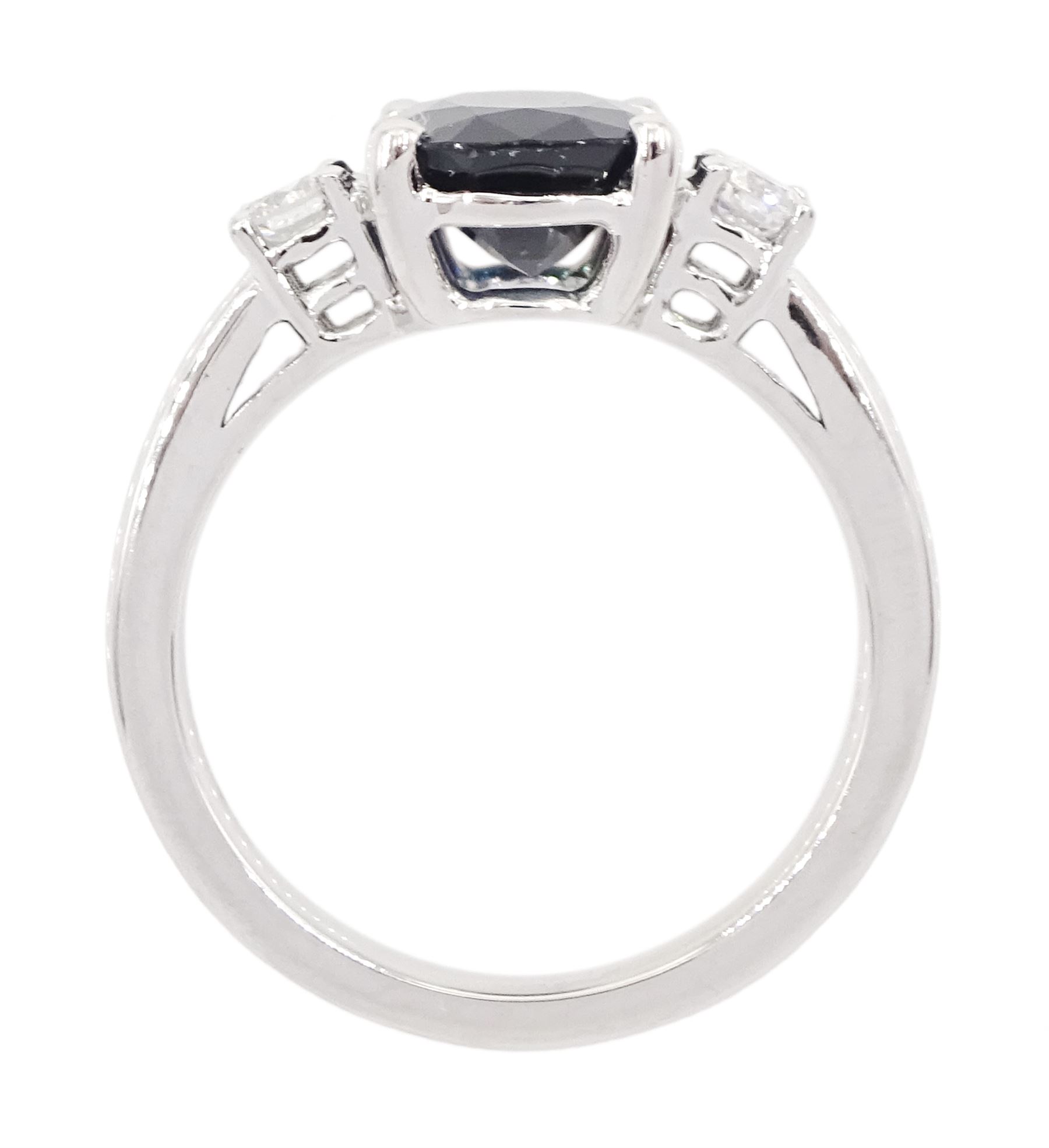 18ct white gold sapphire and diamond three stone ring, single oval cut sapphire of approx 3.00 carat, with a round brilliant cut diamond set either side, hallmarked, total diamond weight approx 0.25 carat