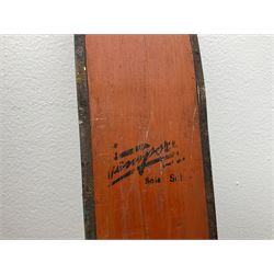 Pair of 1930s wooden skis, with painted metal runners beneath stamped Attenhofer, with retailers label for Ernst Gertsch Central Sports, L206cm