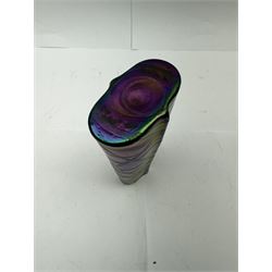 Five Austrian Art Nouveau purple glass vases, to include a Pallme-Konig example, of tapering form with matte vein decoration, and two similar pairs, tallest H16cm