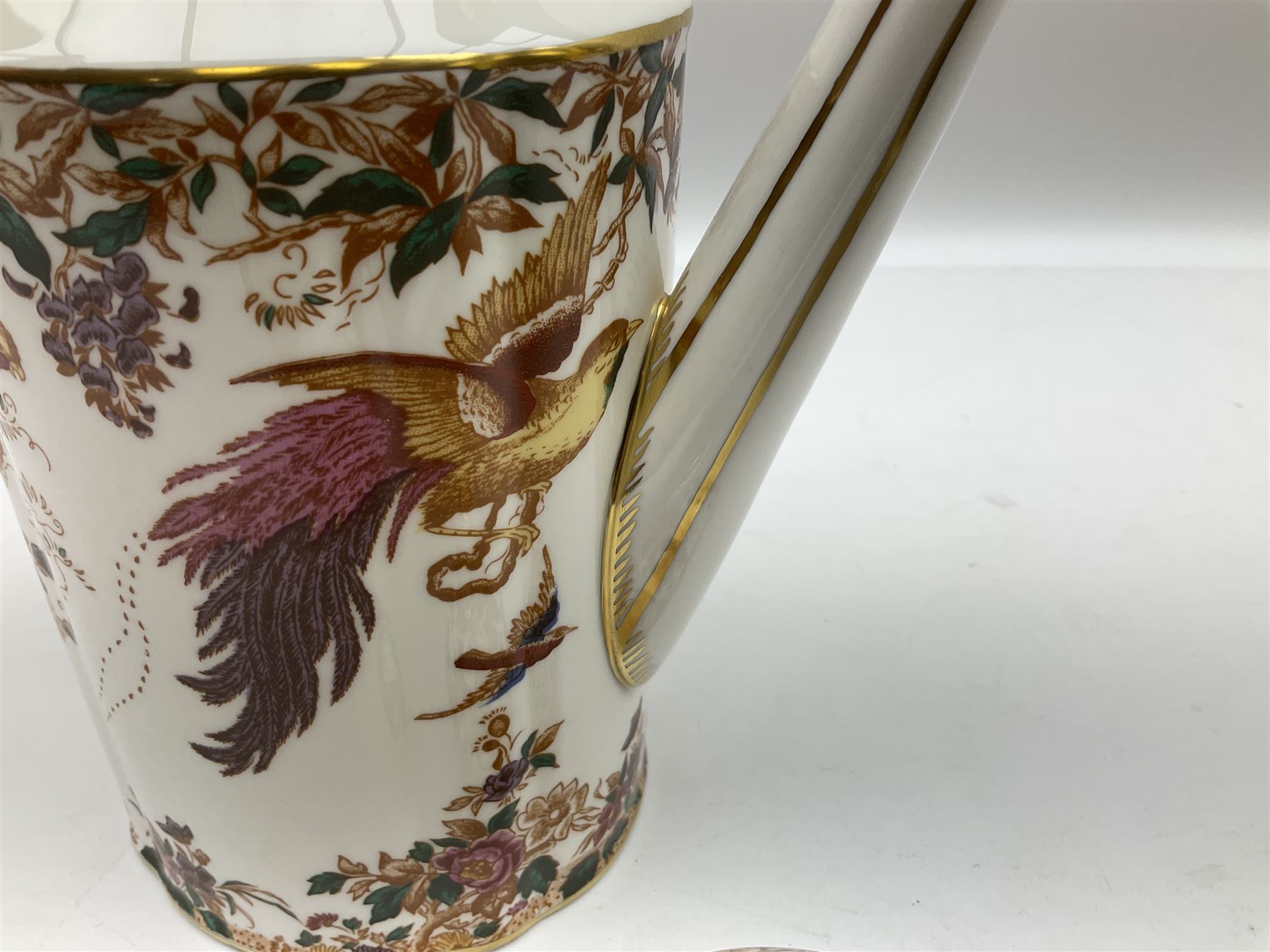 Royal Crown Derby Olde Avesbury pattern dinner and coffee service for six place settings, decorated with exotic birds amidst blossoming branches, comprising six dinner plates, six dessert plates, two tureen and covers, sauce boat and stand, oval serving platter, coffee pot, six coffee cans and six saucers, cream jug, and open sucrier, each with printed mark beneath