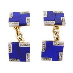 Pair of Art Deco 18ct gold and platinum lapis lazuli and rose cut diamond cufflinks, stamped 18