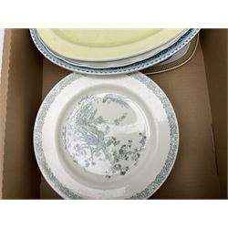 Two Poole Pottery dinner plates and a meat plate, four Copeland Spode Bermuda pattern dinner plates, Sadler jug, Keele St Pottery cottage tea wares, Torquay Motto ware, blue and white jug and bowl, two large planters and other ceramics, etc, in four boxes 