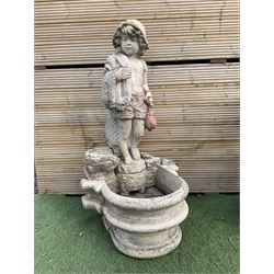 Three section cast stone garden figure of a boy carrying fishing net and a satchel with a water feature together with a cast stone planter on plinth - THIS LOT IS TO BE COLLECTED BY APPOINTMENT FROM DUGGLEBY STORAGE, GREAT HILL, EASTFIELD, SCARBOROUGH, YO11 3TX
