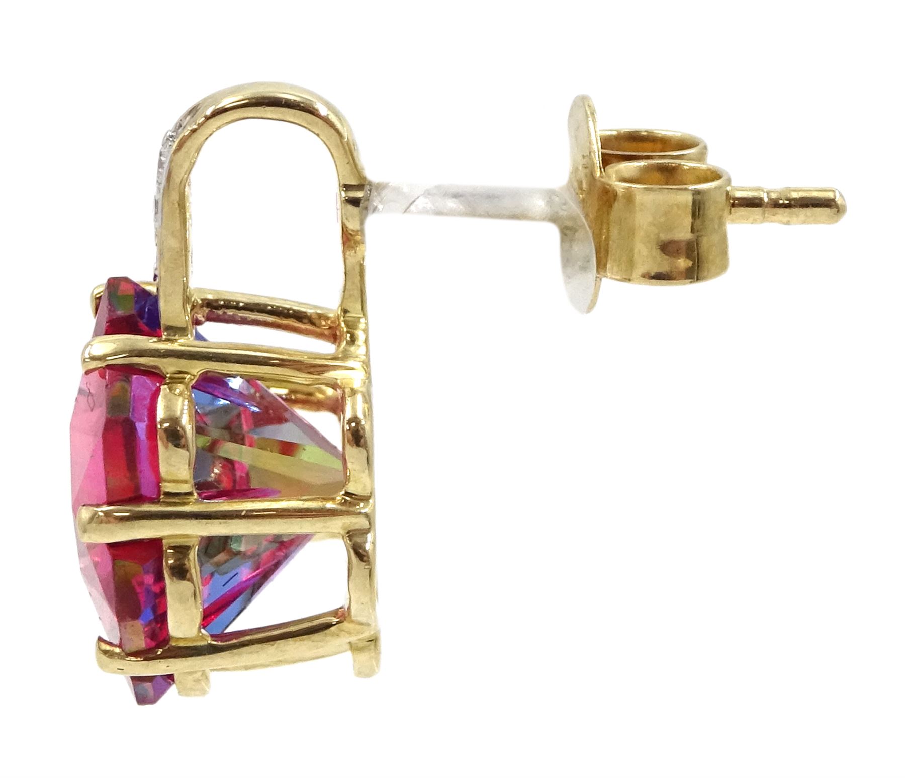 Pair of 9ct gold fancy cut red topaz and diamond stud earrings, stamped 375