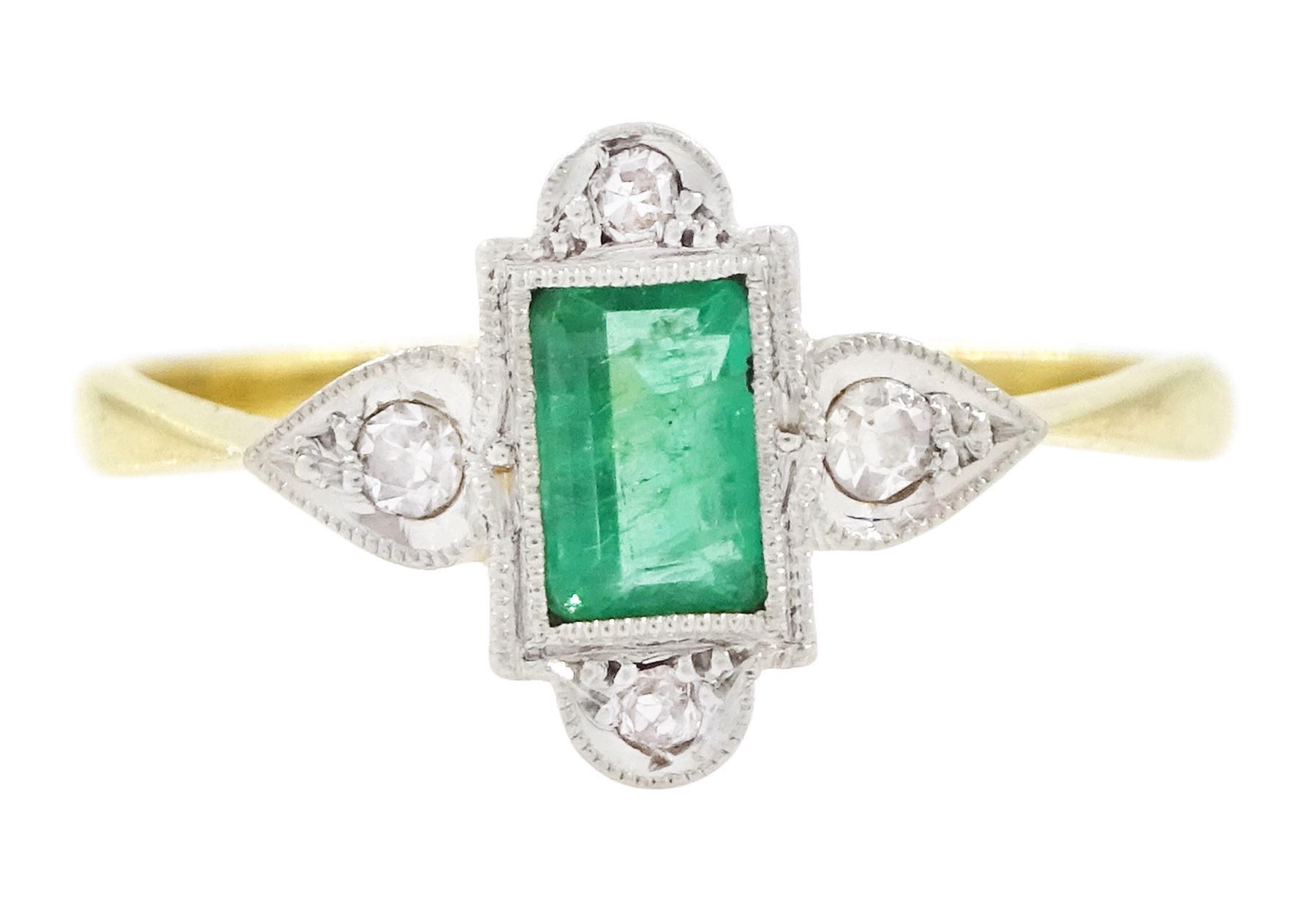 Edwardian gold and platinum emerald and diamond ring, single milgrain set rectangular cut emerald, surrounded by four single cut diamonds, stamped 18ct & PT