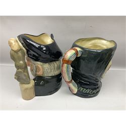 Large collection of Royal Doulton character jugs, to include Robinson Crusoe D6532, Tam O Shanter D6632, The Falconer D6533 etc, together with similar charater jugs and toby jugs   