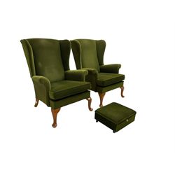 Parker Knoll - pair  vintage 'Penhurst' wingback armchairs, upholstered in olive green fabric on cabriole front supports