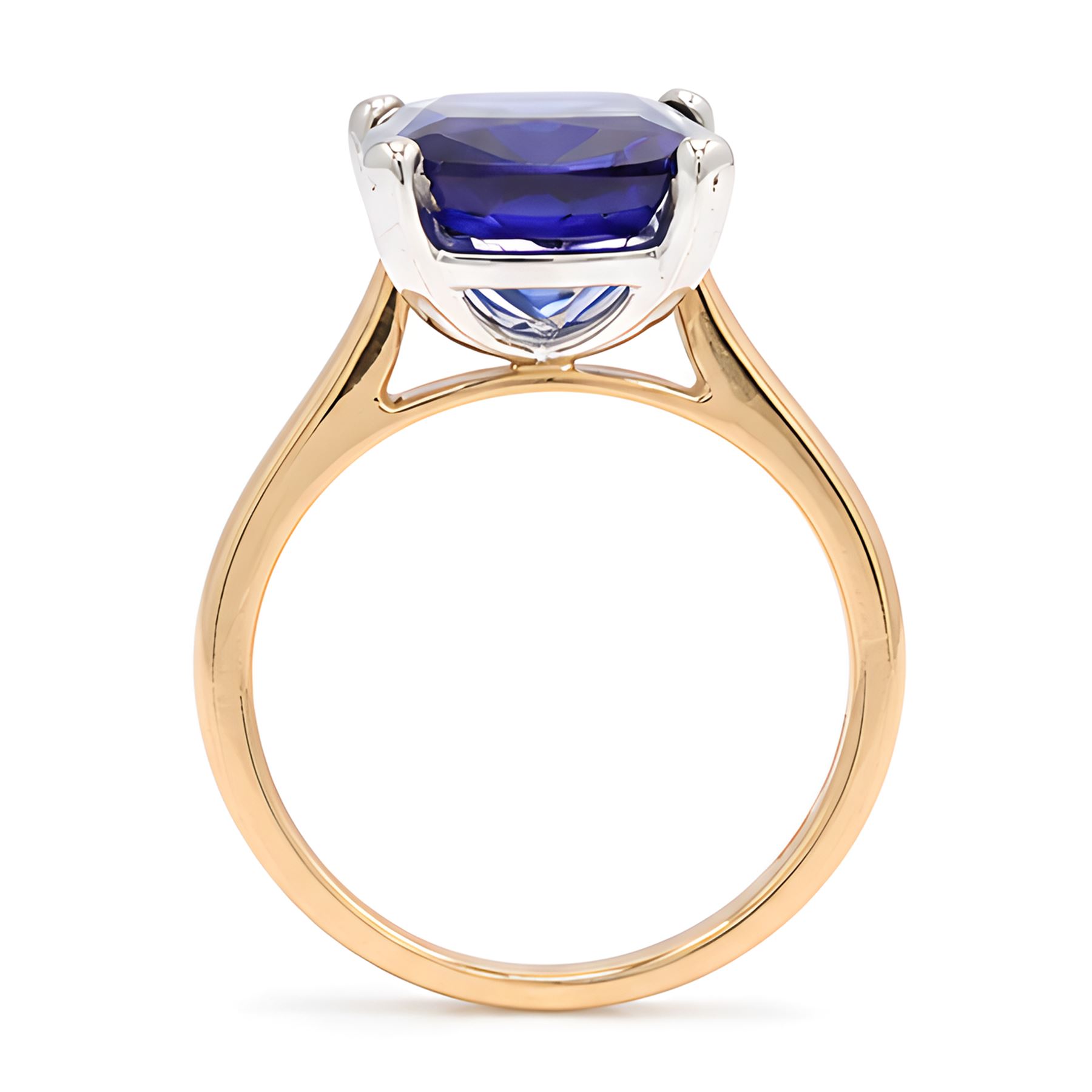 18ct rose gold and platinum synthetic sapphire ring, set with a single cushion cut sapphire of approx 6.95 carat, hallmarked