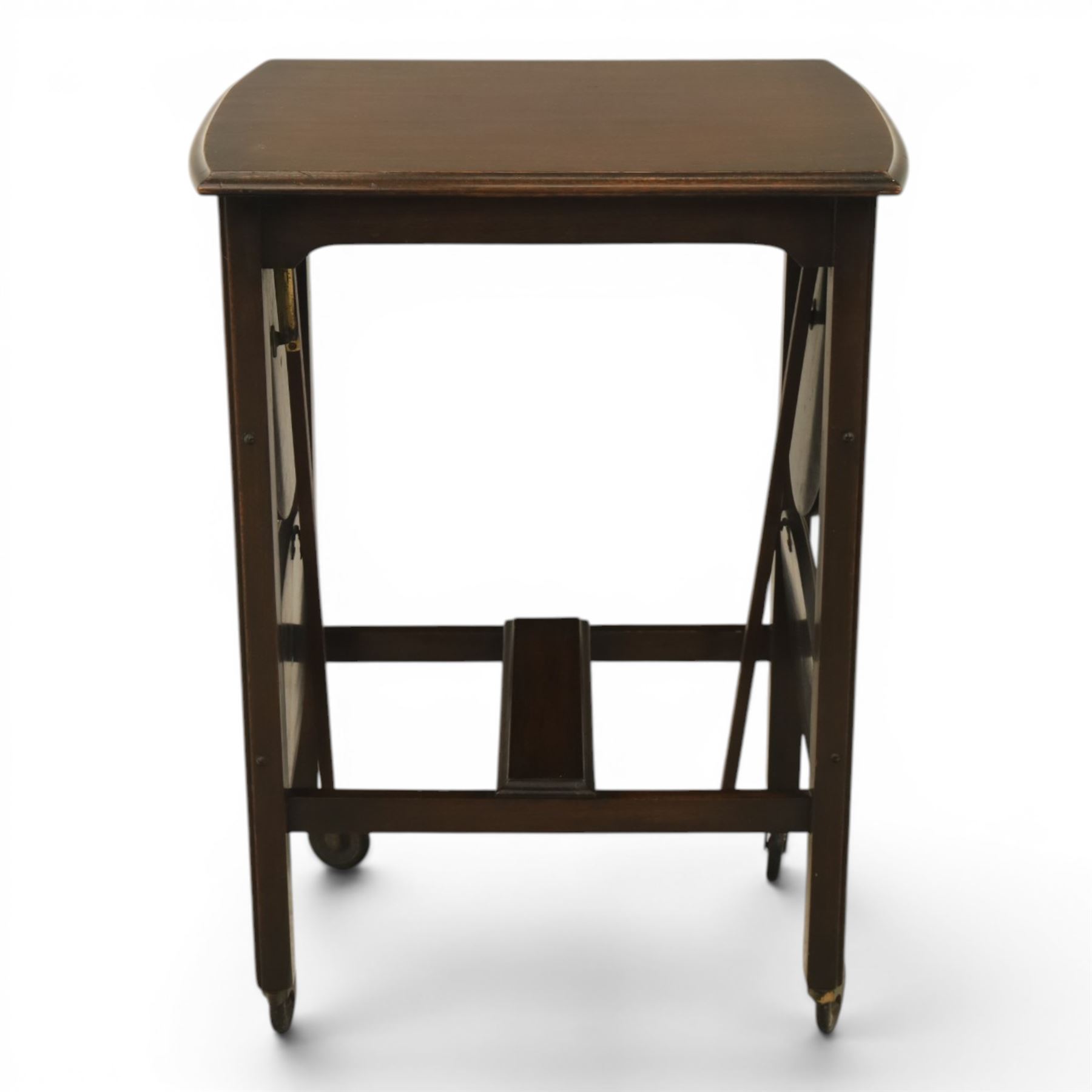 Early 20th century side table with double cake stand, rectangular moulded top, cake stands either side with support, raised on square legs terminating in castors