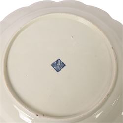Pair of Worcester junket dishes, c1770, painted with panels of flowers on a blue scale ground within richly gilt rococo style borders and scalloped rim, hatched square mark to base, D24.5cm (2)
Notes: label suggests provenance relating to the Brownlow family of Belton House.