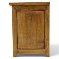 Two hardwood bedside chests,  of rectangular form, fitted with three drawers with recessed brass handles, panelled sides, and flush top, W55xD40xH68cm & W45D45xH68cm 