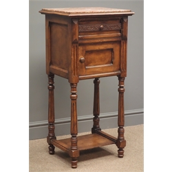  Late 19th century  French walnut bedside cupboard, with marble top and interior, one drawer with carved front, one cupboard, on turned and fluted supports joined by an undertier, W44cm, H92cm, D38cm  