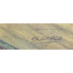 A L Grace (British 20th century): The Connoisseur and the China Cupboard, oil on canvas signed, the canvas stamped 'Prepared by C Roberson & Co Ltd, 71 Parkway, London NW1' (used 1939/67), 60cm x 50cm