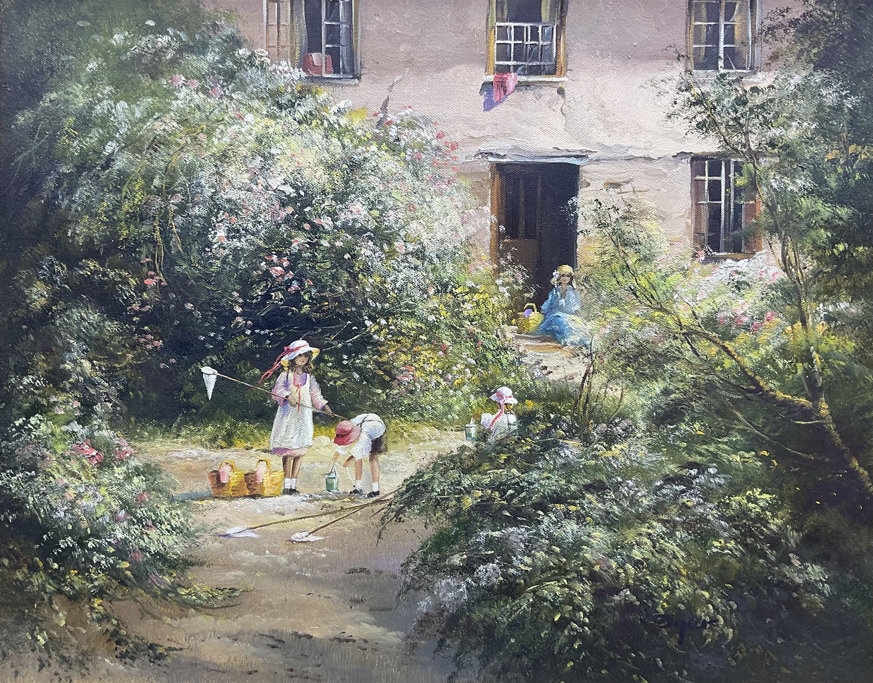 Edward 'Ted' Dyer (British 1940-): Children in the Garden, oil on canvas signed 40cm x 50cm