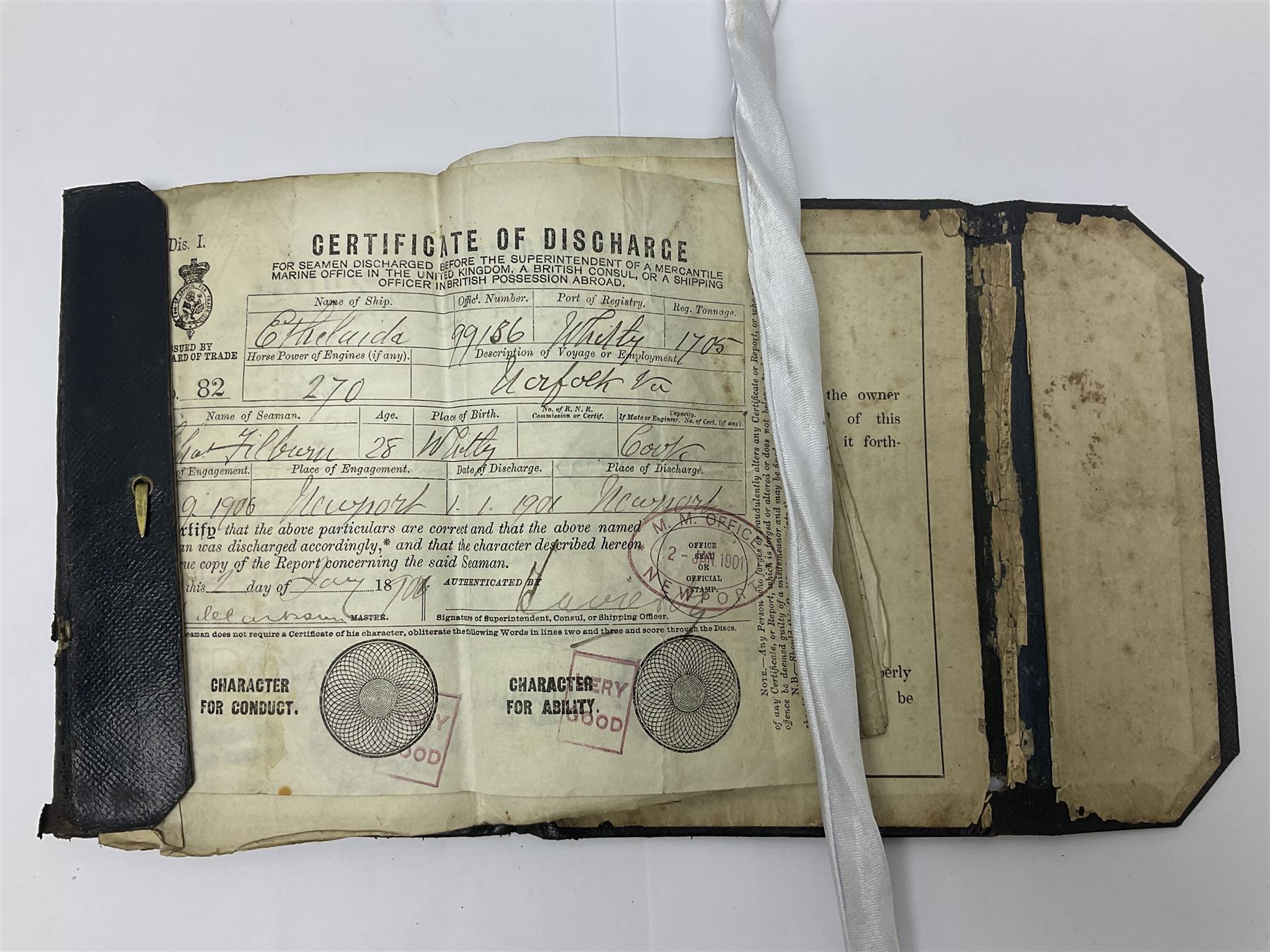 WWI pair of medals comprising British War Medal and Victory Medal awarded to 32682 Pte. W. Meadows W. Rid. R. in issue box; WWI pair of medals comprising 1914-15 Star and Victory Medal awarded to 3720 Pte. (later Cpl.) E. Petty W. York. R. with issue letter from Tank Corps; WWII group of five medals comprising 1939-45 War Medal, Defence Medal and 1939-45, Italy and Africa Stars; all with ribbons; and book of nineteen seaman's Certificates of Discharge to cook Charles Filburn 1893 - 1901 from various British ports