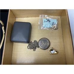 9ct gold flower pendent necklace, silver locket and silver stone set pendant, and a collection of costume jewellery including items by joan rivers and royal crown derby 