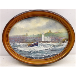  Scarborough Lifeboat Going out to Sea, 20th century oval oil on board by Robert Sheader unsigned 16cm x 23cm  