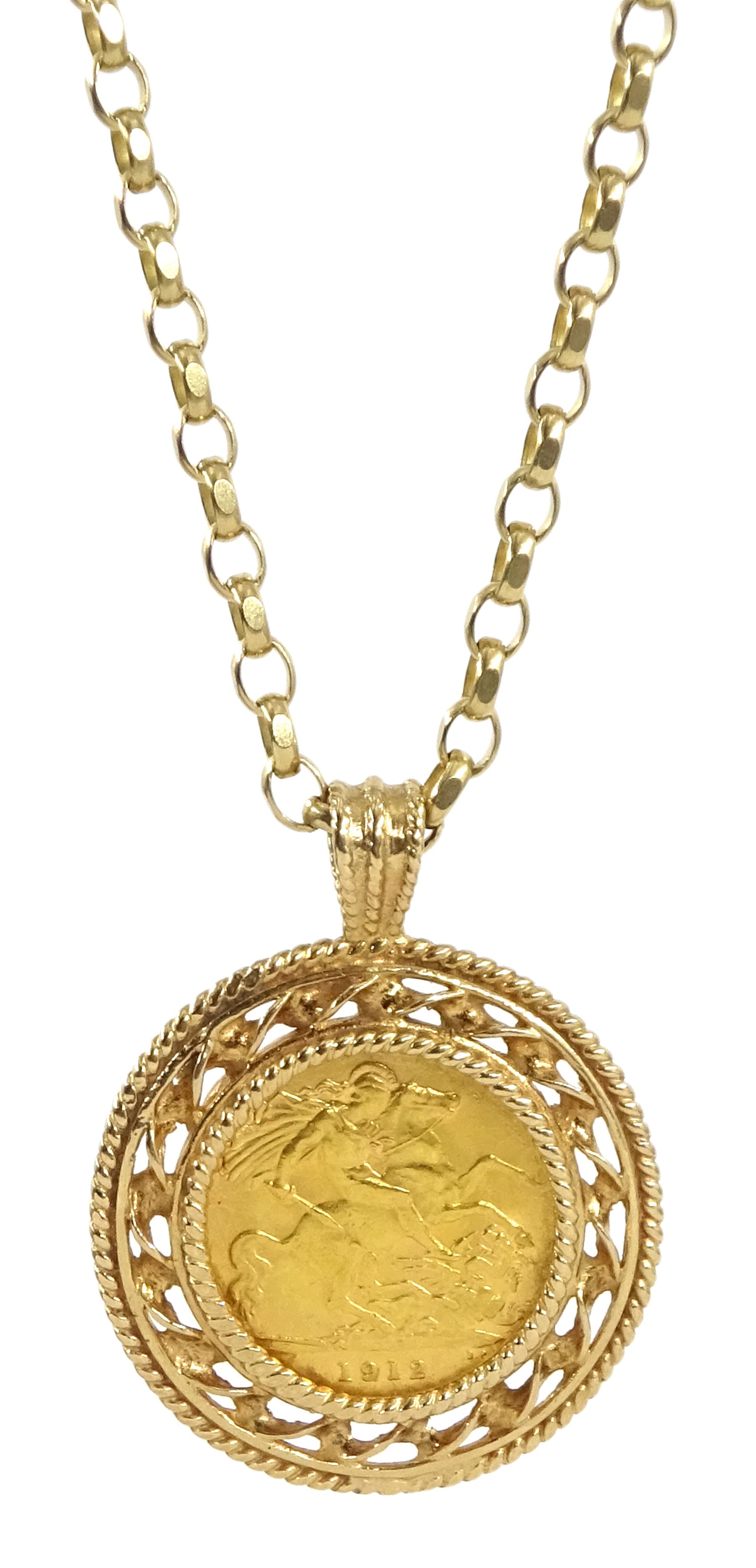 King George V 1912 gold half sovereign, loose mounted in gold pendant on chain, both hallmarked 9ct