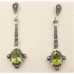 Pair of peridot and marcasite silver drop ear-rings stamped 925