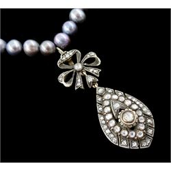 Silver rose cut diamond bow pendant, suspended from a single row of grey cultured pearls, with silver diamond set bird clasp, total diamond weight approx 1.00 carat