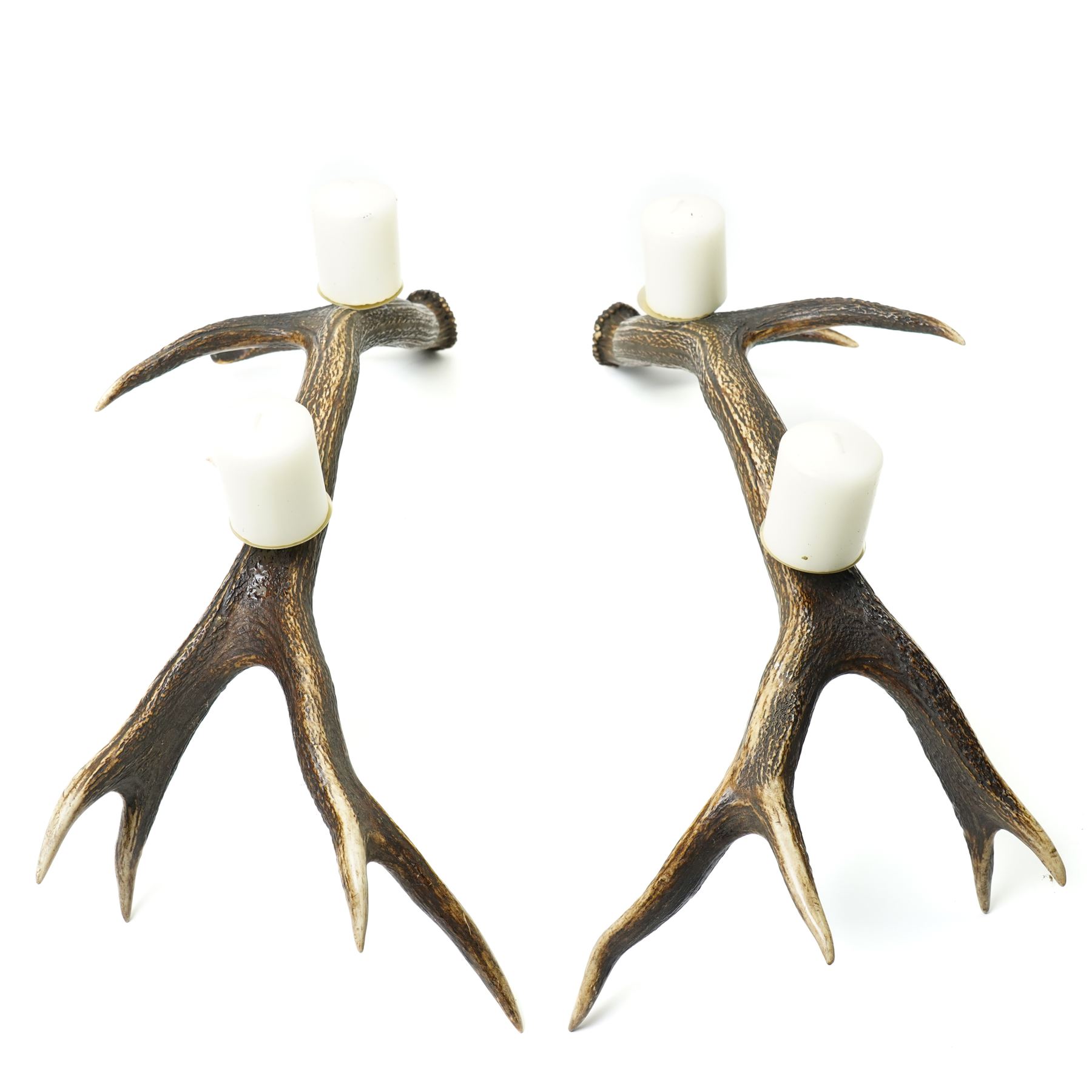 Antlers/Horns -  pair of stags antler candelabra, the six point antlers mounted with two sconces and candles, each approximately W75cm (2)