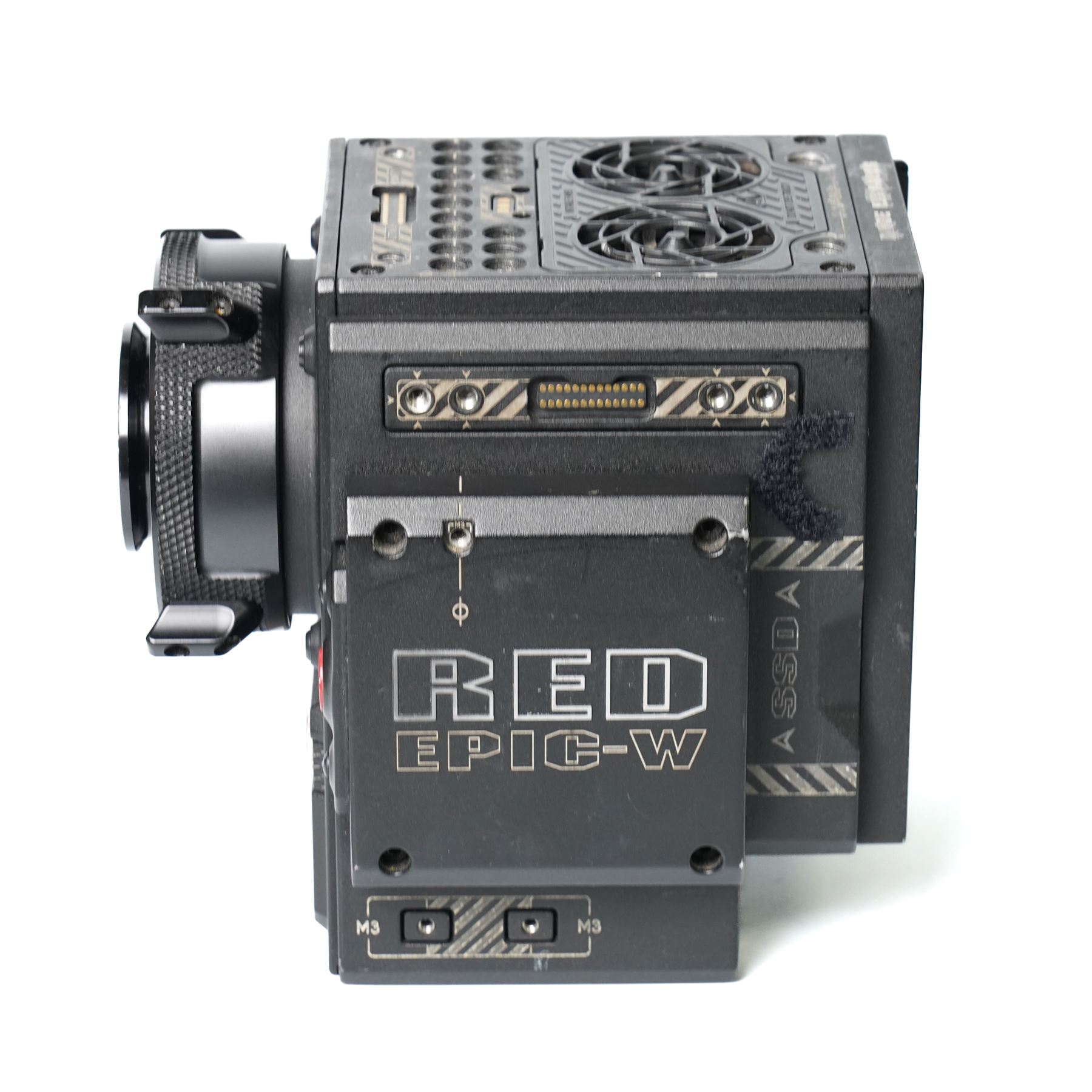 RED Epic-W Helium 8K camera body serial no. 13024E6A9, with RED EVF, three RED Mini Mag 512GB cards, one 480 Mini Mag card and reader, two RED V-Mount batteries and charger, RED top handle, Wooden Camera Easy Top top plate and one other top plate, various accessory cables, Wooden Camera bridge plate for 19mm studio rods, 12 inch Wooden Camera Dovetail plate and four 19mm studio rods to include two 380mm and two 610mm, with original Epic-W camera box and contained within a custom cut flight case