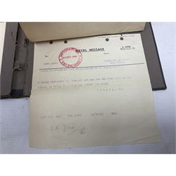 Disbound WW2 album relating to the battleship HMS King George VI containing over fifty various size loose photographs of the ship in action, guns firing, crew members, aircraft, two of George VI on board, three of Winston Churchill on board, official 1942 Christmas messages including Franklin Roosevelt etc; together with unrelated printed letter on 10 Downing Street notepaper from Winston Churchill; and Order of Service for Churchill's funeral at St. Paul's Cathedral 30th January 1965
