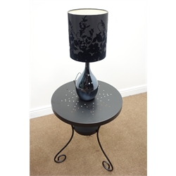 Pair black wrought metal circular occasional tables H65cm x D49cm, a pair of black ceramic table lamps and one other  