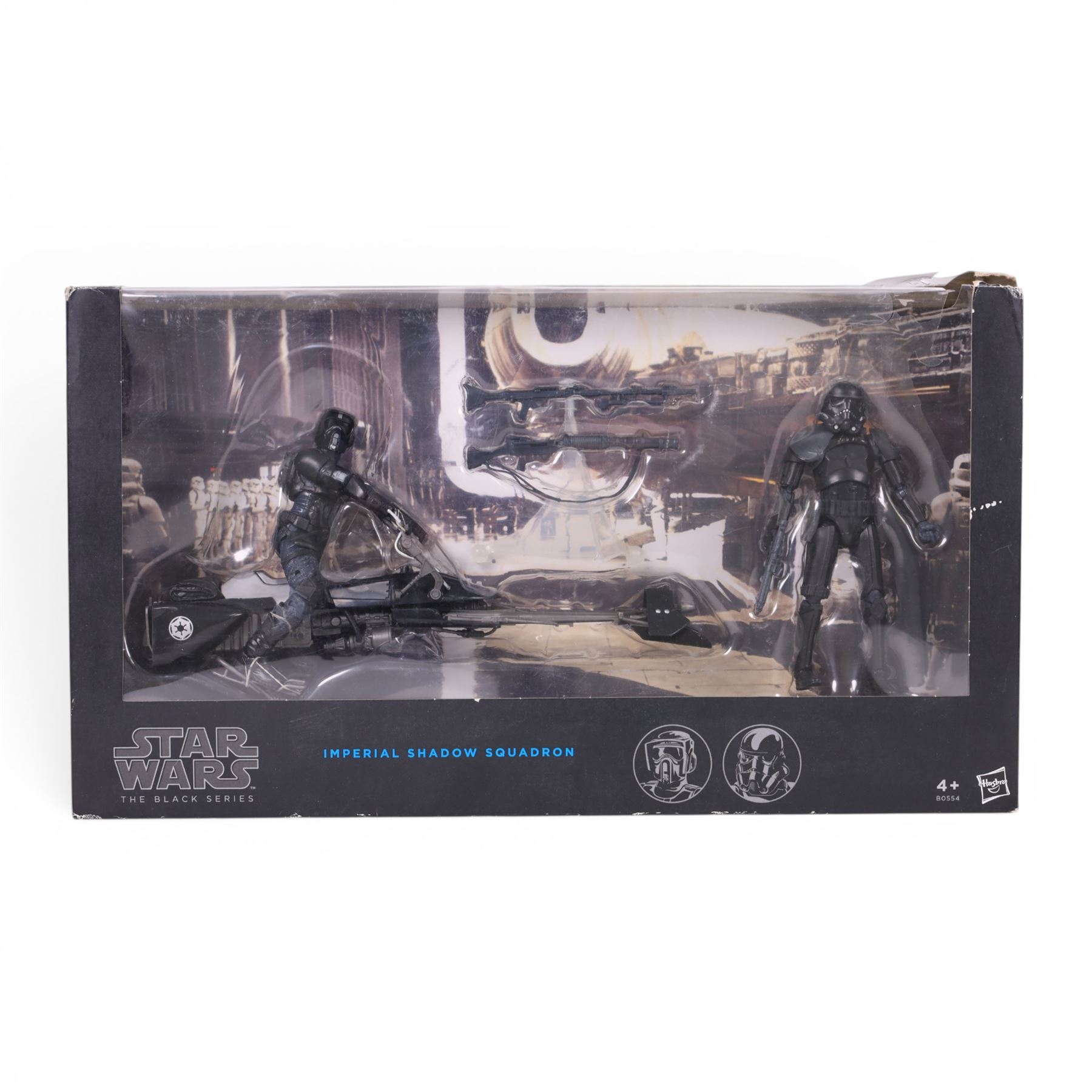 Four Star Wars Black Series figures, comprising Obi Wan Kenobi, First Order Storm Trooper, Speeder Bike Biker Scout and Imperial Shadow Squadron, all boxed